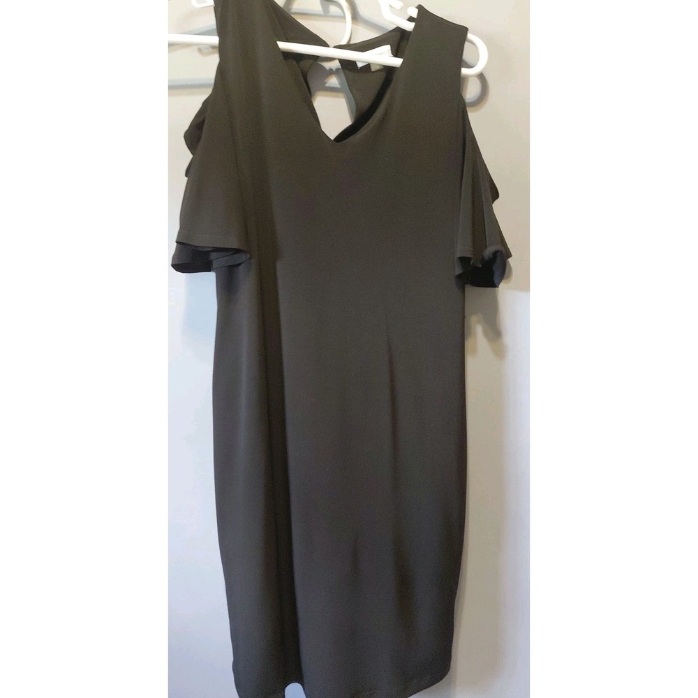 Calvin Klein Dress Women 12 Y2K Open Shoulder Sleeve Sheath Midi Black Coquette